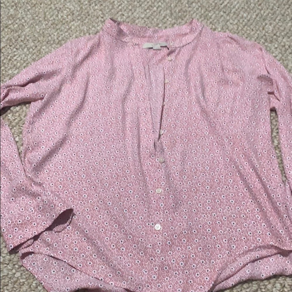 LOFT Pink Floral Button-Front Long Sleeve Blouse